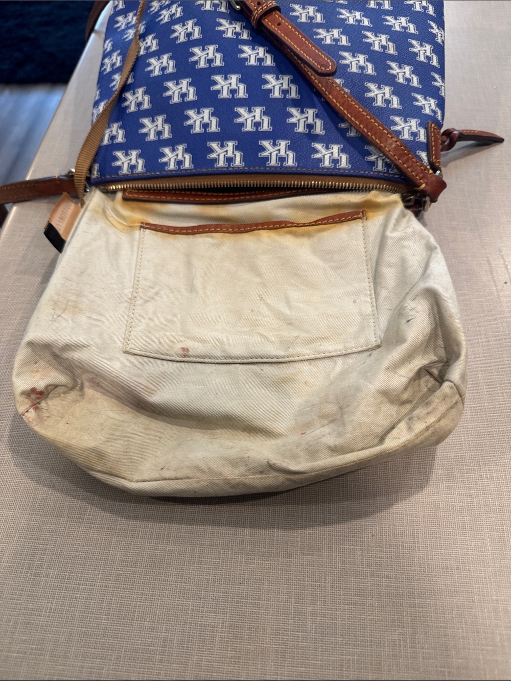 Dooney & Bourke Blue Pattern Logo Crossbody with Brown Leather Trim - Picture 6 of 8